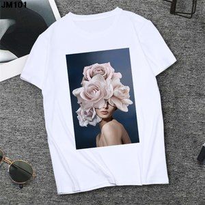 summer Harajuku women's floral printed Tshirt white tops short sleeve Female